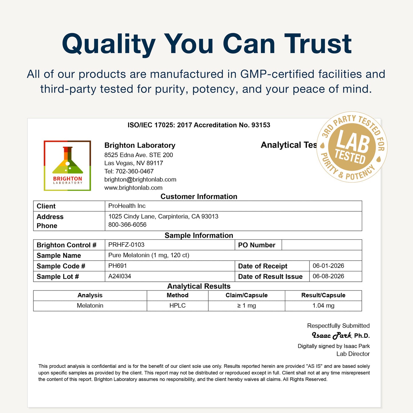 
                  
                    Pure Melatonin - 1 mg Certificate of Analysis
                  
                