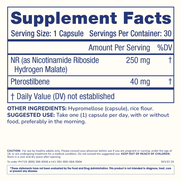 
                  
                    Nicotinamide Riboside + Pterostilbene Supplement Facts
                  
                