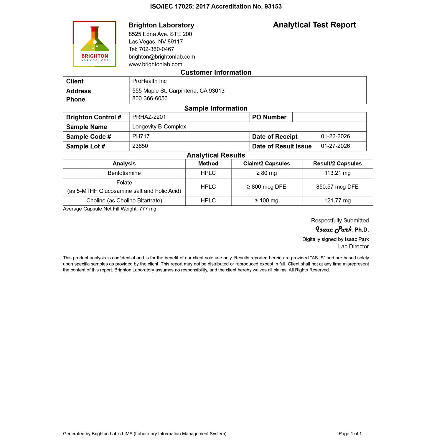 Longevity B-Complex Certificate of Analysis