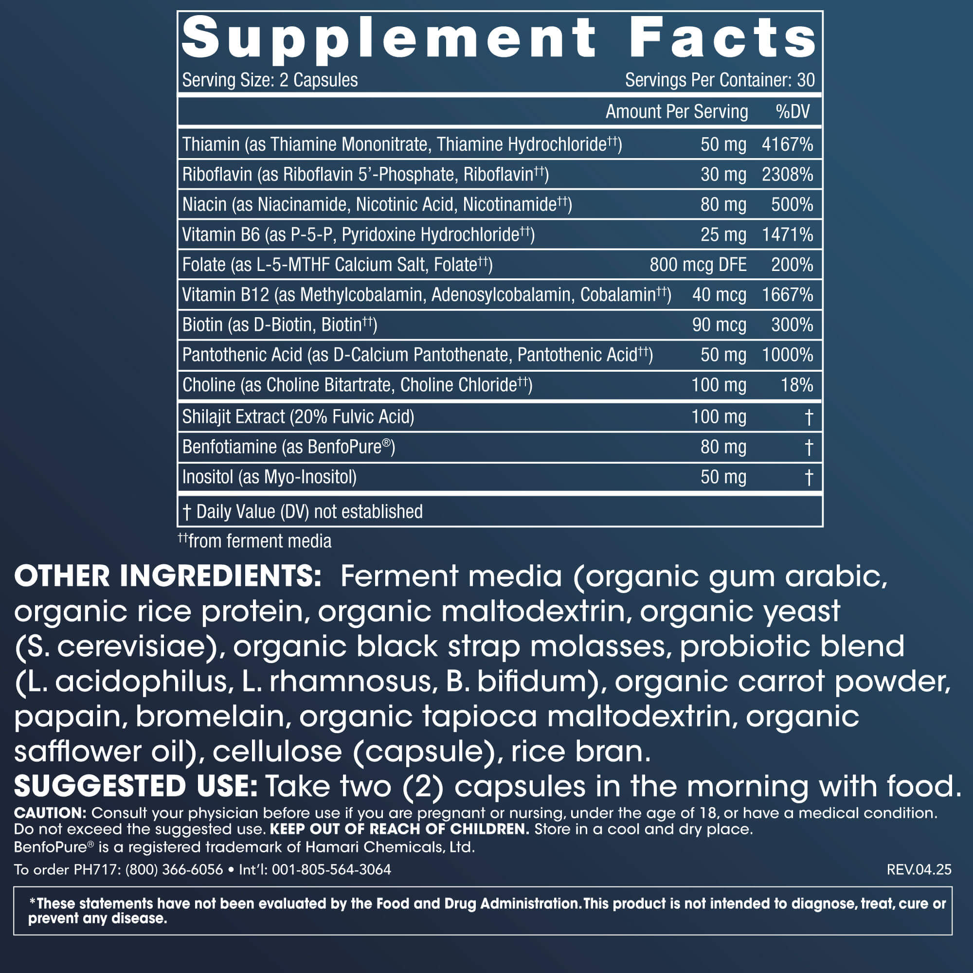 Longevity B-Complex Supplement Facts Image