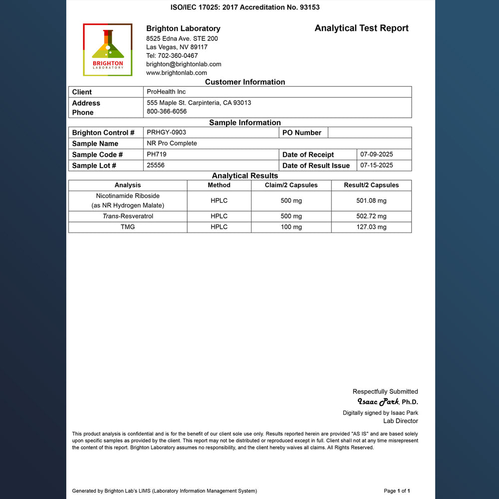 
                  
                    Nicotinamide Riboside Pro Complete Certificate of Analysis
                  
                