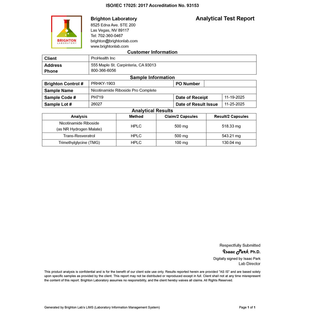 
                  
                    Nicotinamide Riboside Pro Complete Certificate of Analysis
                  
                