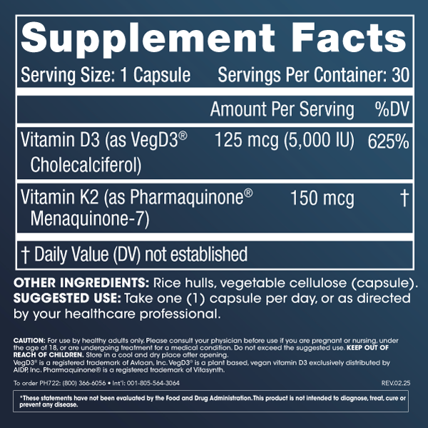 
                  
                    Vitamin D3 + K2 5,000 IU, 30 capsules Supplement Facts
                  
                