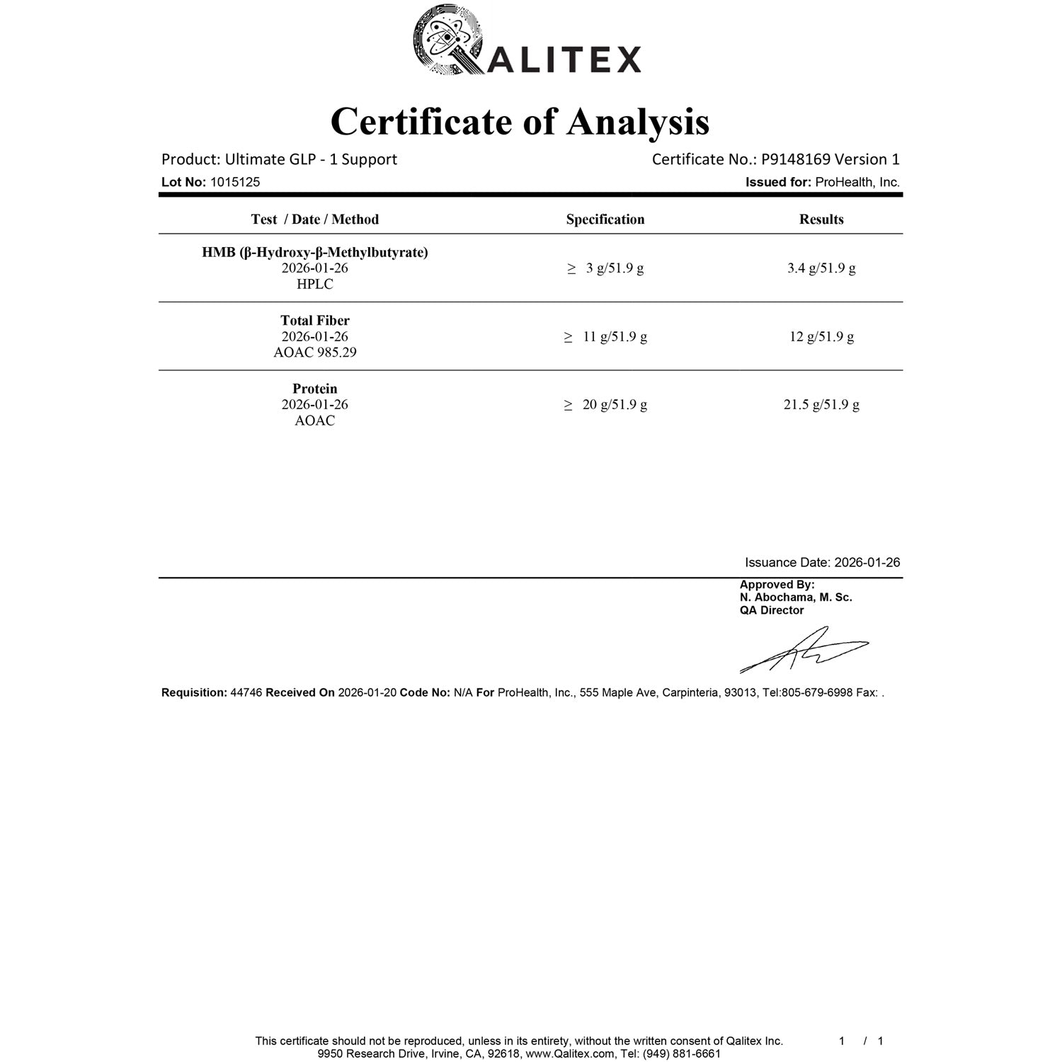 Ultimate GLP-1 Support Powder Certificate of Analysis