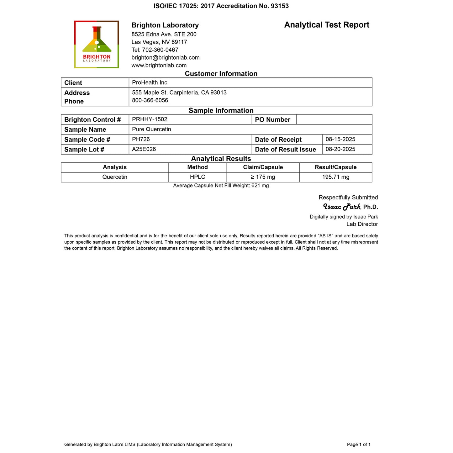 
                  
                    Pure Quercetin 500 mg certificate of analysis
                  
                