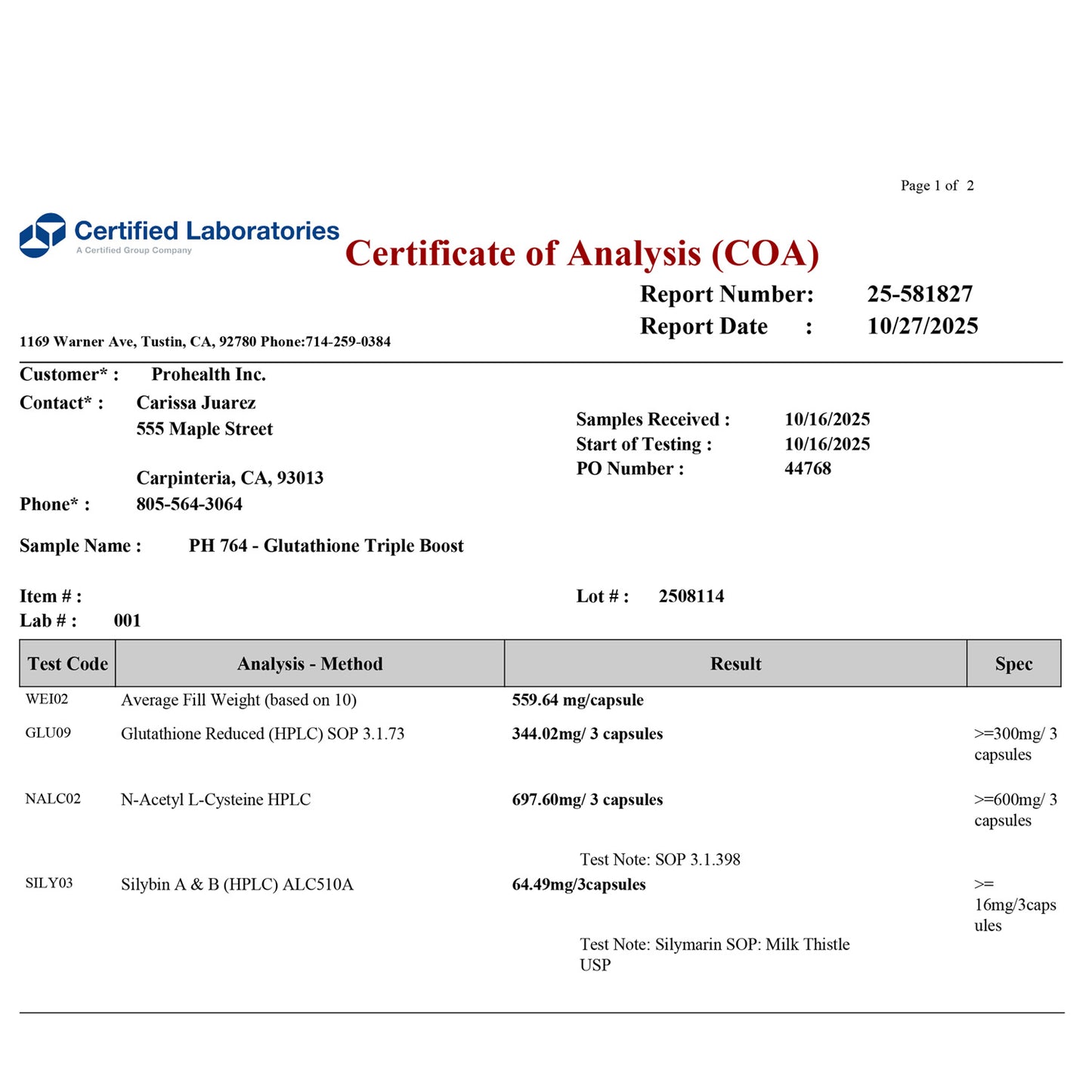 
                  
                    Glutathione Triple Boost Certificate of Analysis page 1
                  
                
