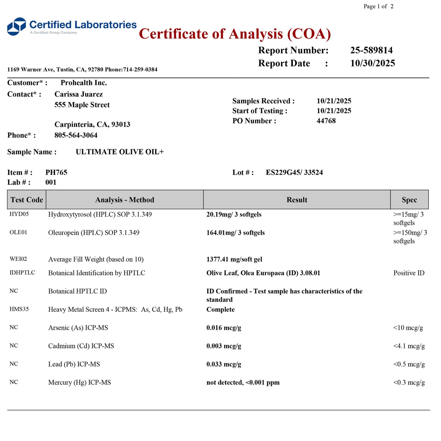 
                  
                    Ultimate Olive Oil+ Certificate of Analysis Page 1
                  
                