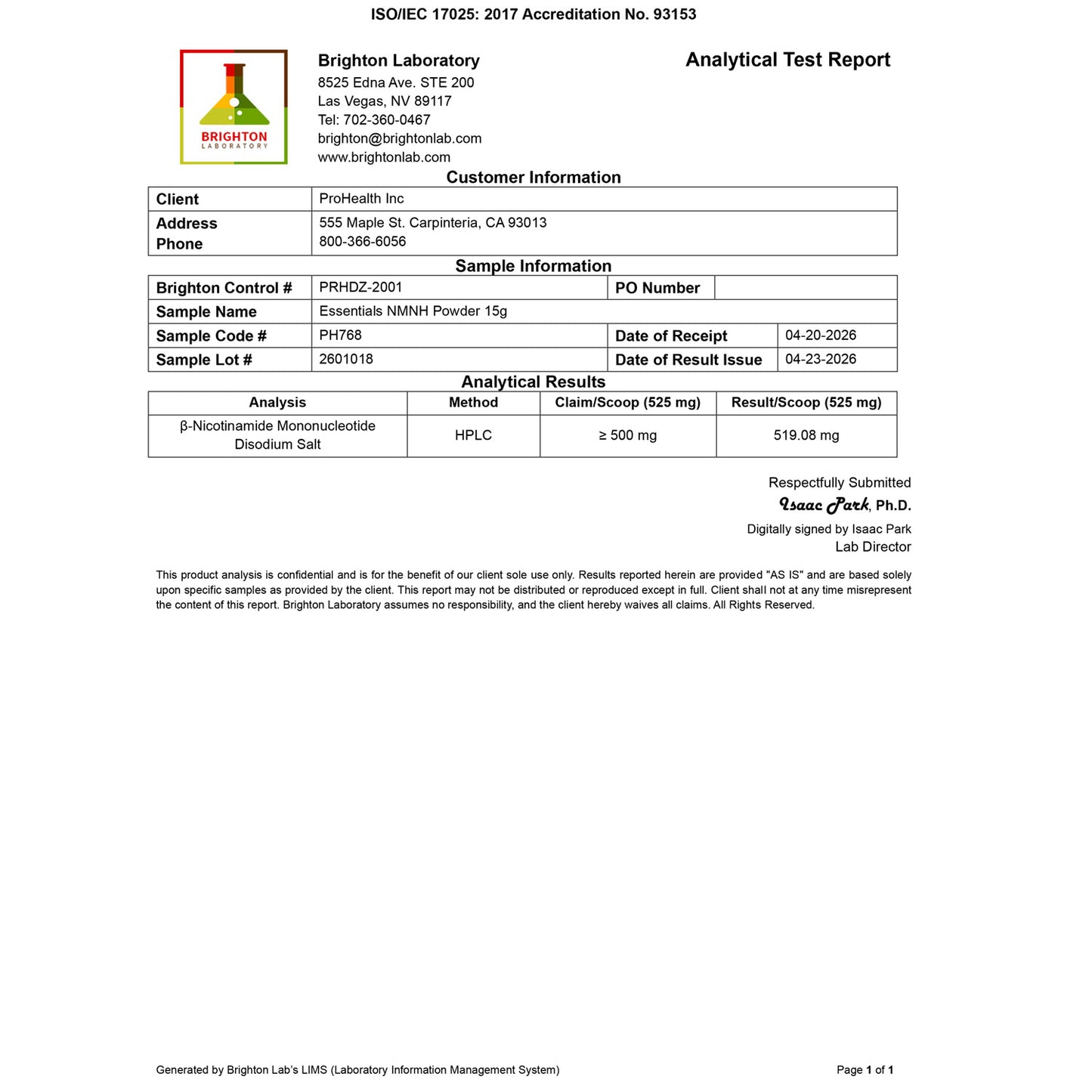 
                  
                    Essentials NMNH Powder Nexergy+ 15 gram Certificate of Analysis
                  
                