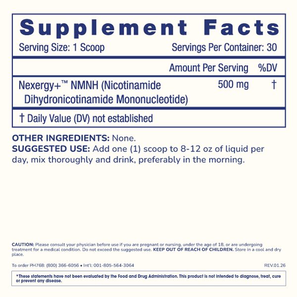 
                  
                    Essentials NMNH Powder Nexergy+ 15 gram Supplement Facts Image
                  
                