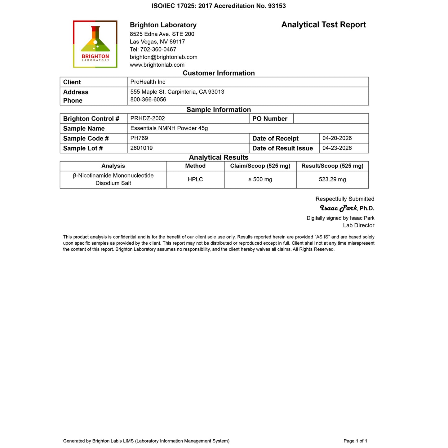 
                  
                    Essentials NMNH Powder Nexergy+ 45 gram Certificate of analysis
                  
                