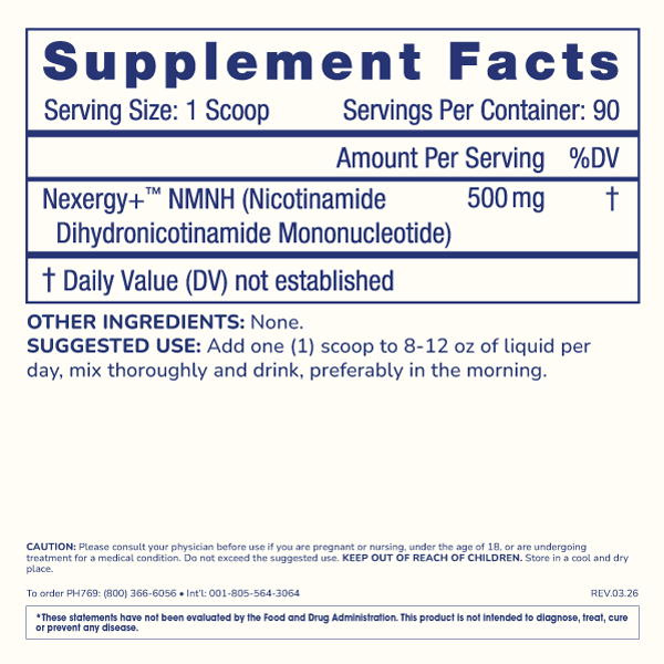 
                  
                    Essentials NMNH Powder Nexergy+ 45 gram Supplement Facts Image
                  
                