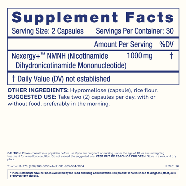
                  
                    Essentials NMNH 1000 Nexergy+ Supplement Facts Image
                  
                