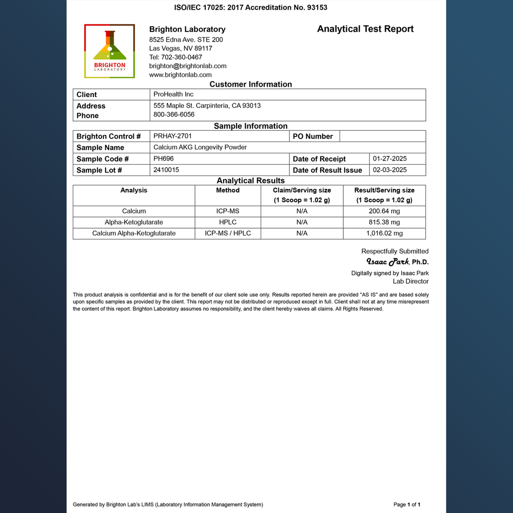 Calcium AKG Longevity Powder Certificates of Analysis