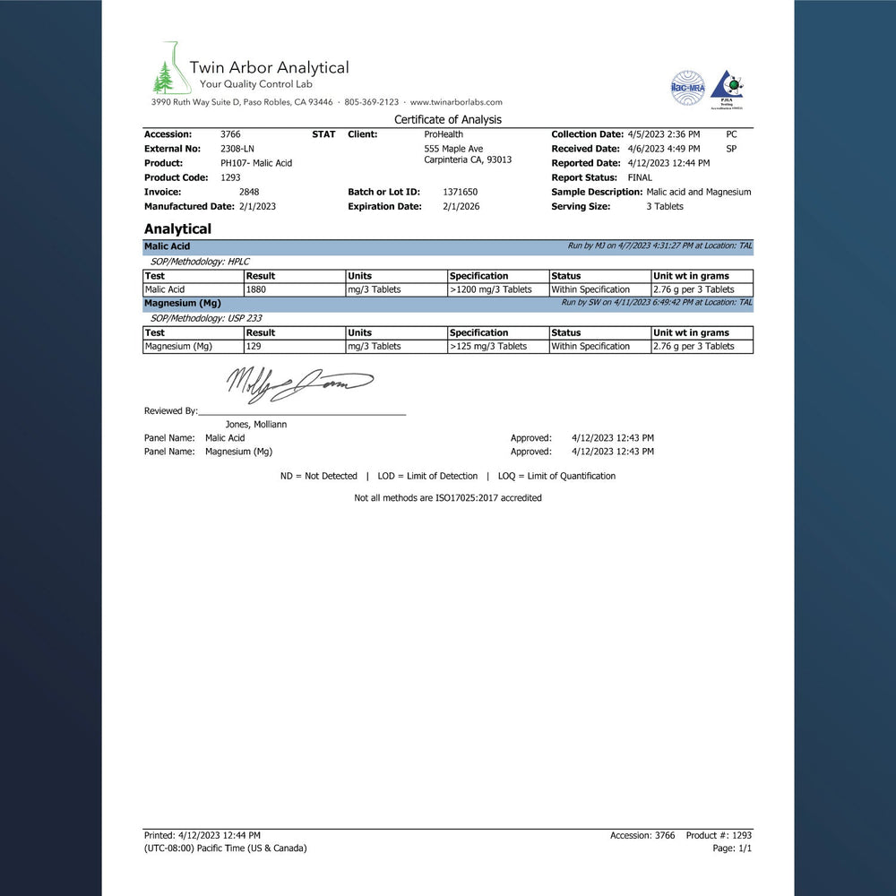 
                  
                    Malic Acid + Magnesium Certificate of Analysis
                  
                