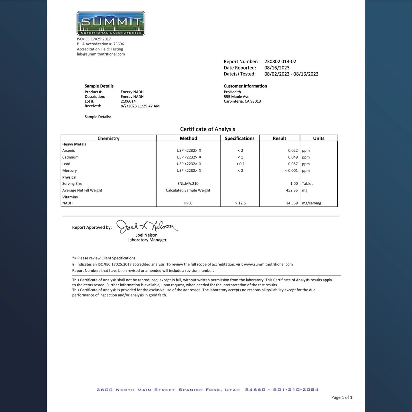 
                  
                    Energy NADH Nicotinamide Adenine Dinucleotide Certificate of Analysis
                  
                