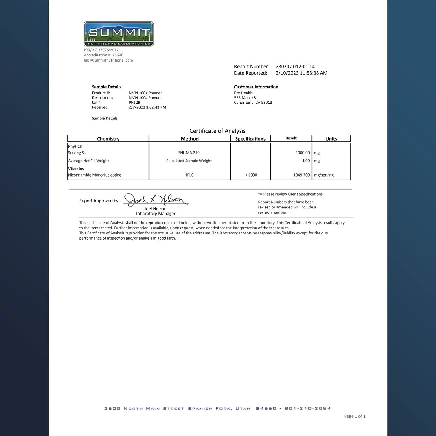 
                  
                    Certificat d’analyse de poudre NMN Pro™
                  
                