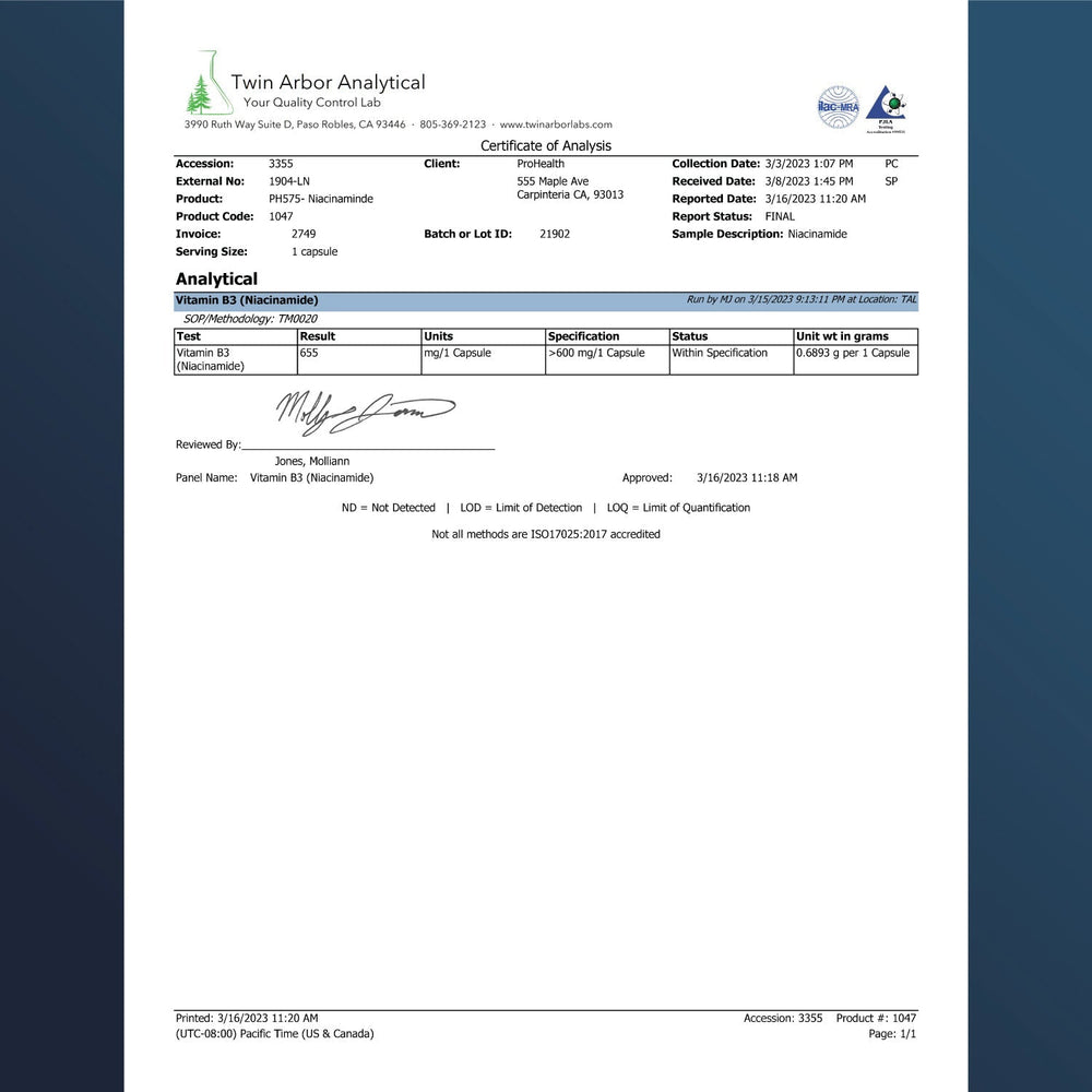 
                  
                    Niacinamide Flush-Free Vitamin B3 Certificate of Analysis
                  
                