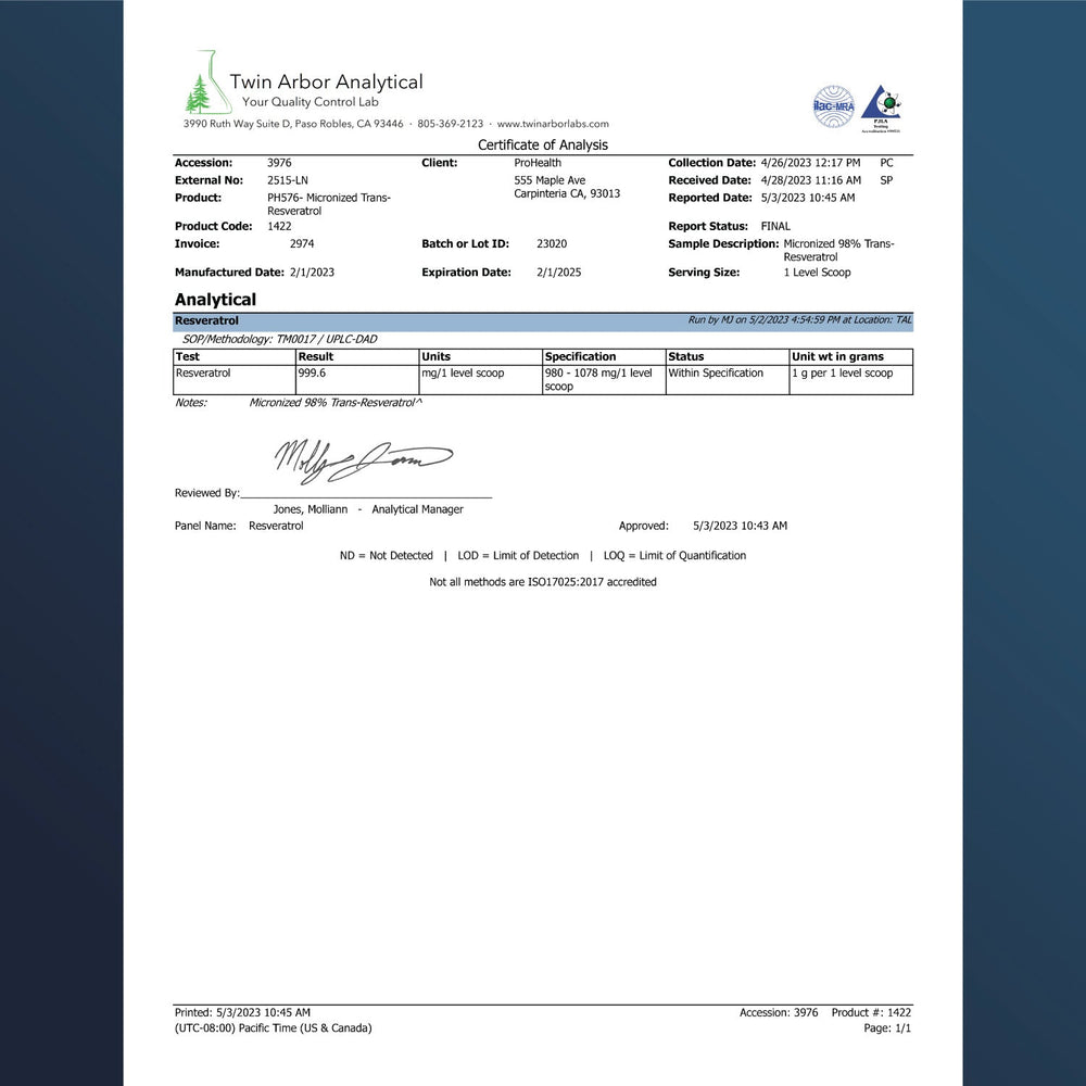 
                  
                    Trans-Resveratrol Pure Micronized Powder Certificate of Analysis
                  
                