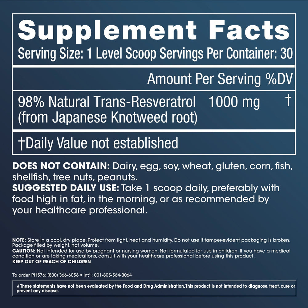 
                  
                    Trans-Resveratrol Pure Micronized Powder Supplement Facts and Label Information
                  
                