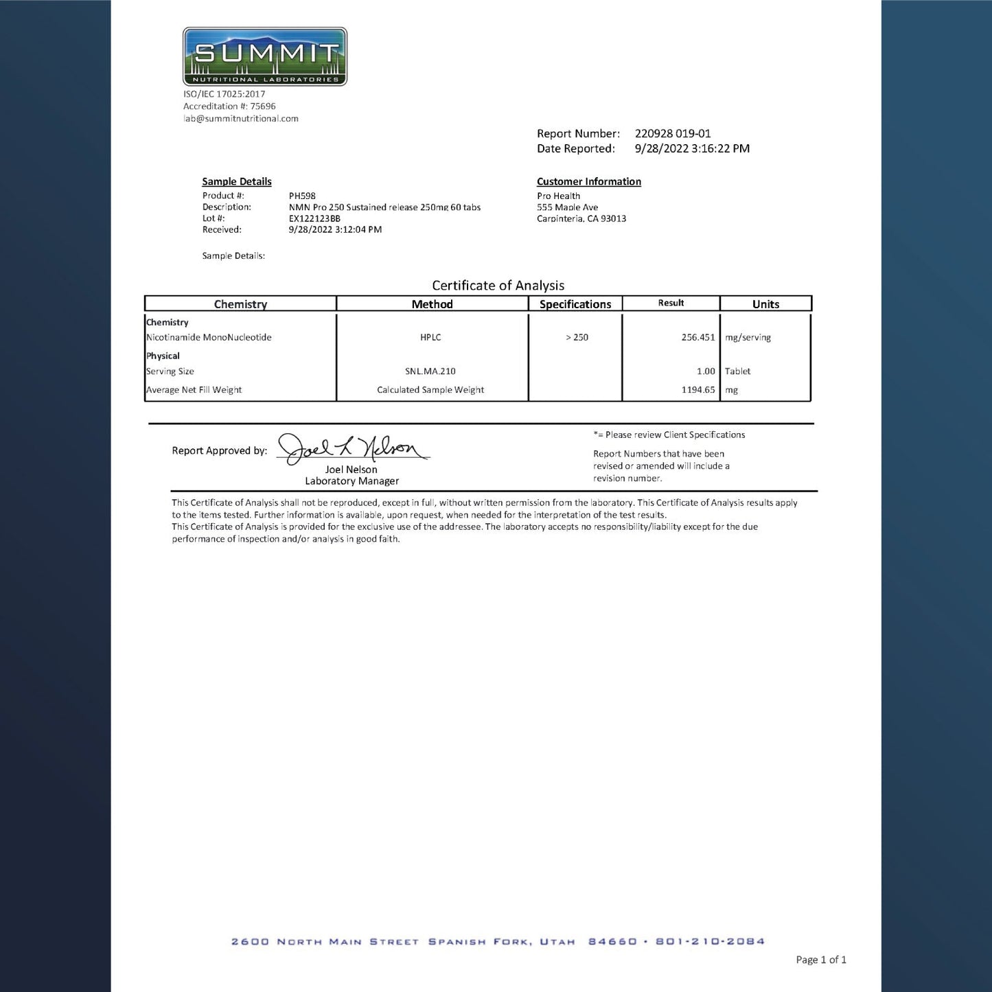 
                  
                    NMN Pro 250™ Sustained Release Certificate of Analysis
                  
                