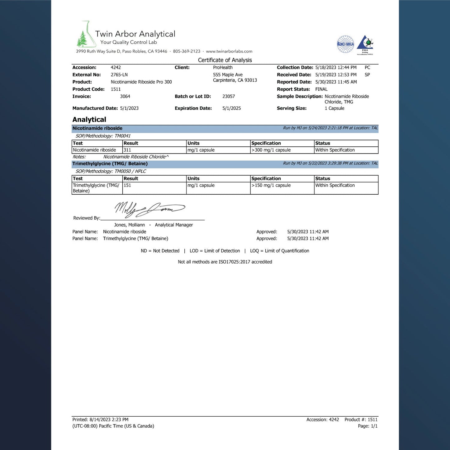 
                  
                    Nicotinamide Riboside Pro 300 Certificate of Analysis
                  
                