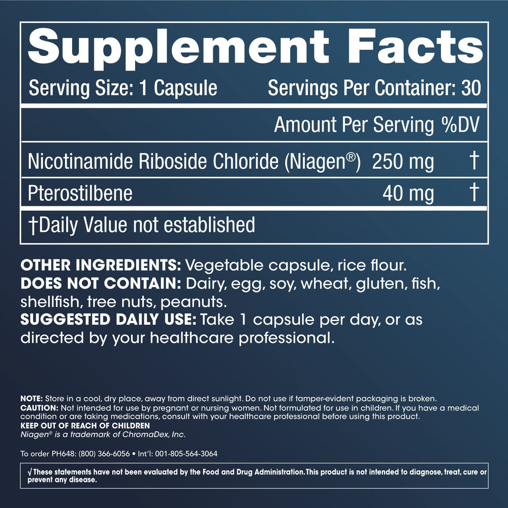 
                  
                    Nicotinamide Riboside + Pterostilbene Supplement Facts and Label Information
                  
                
